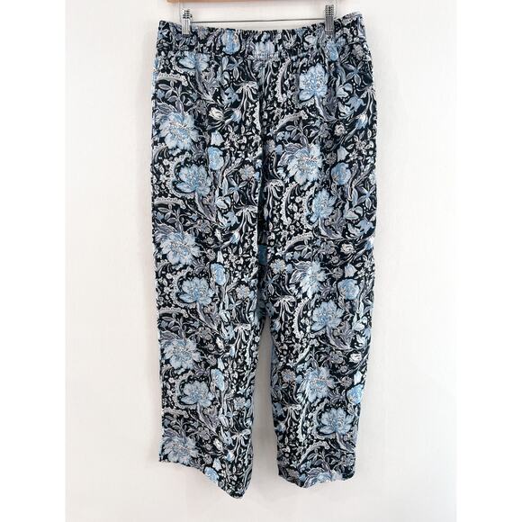 Tahari Linen Wide Leg Pants Large Blue Black Paisley Print Pull On Ankle Crop - Picture 5 of 5